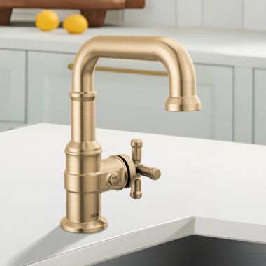 Click here to see Delta 587SH-CZ-PR-DST Delta Broderick Single Handle Bathroom Faucet, Single-Hole, Diamond Seal, ADA, 1.2 GPM, Lumicoat Champagne Bronze - 587SH-CZ-PR-DST