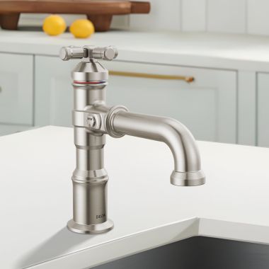 Click here to see Delta 587-SS-PR-DST Delta Broderick Single Handle Bathroom Faucet, Single-Hole, Diamond Seal, ADA, 1.2 GPM, Lumicoat Stainless - 587-SS-PR-DST