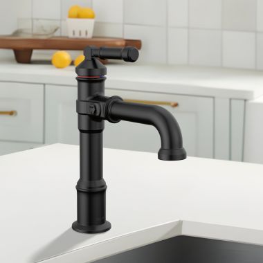 Click here to see Delta 684-BL-DST Delta Broderick Single Handle Bathroom Faucet, Single-Hole, Deck Mount, Diamond Seal, ADA, 1.2 GPM, Matte Black - 684-BL-DST