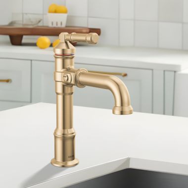 Click here to see Delta 684-CZ-PR-DST Delta Broderick Single Handle Bathroom Faucet, Single-Hole, Deck Mount, Diamond Seal, ADA, 1.2 GPM, Lumicoat Champagne Bronze - 684-CZ-PR-DST