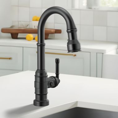 Click here to see Delta 9990T-BL-DST Delta Broderick Single Handle Pull-Down Bar/Prep Faucet, Touch2O, Diamond Seal, MagnaTite, ADA, 1.8 GPM, Matte Black - 9990T-BL-DST