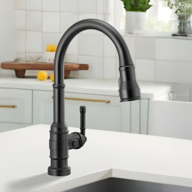 Click here to see Delta 9190T-BL-DST Delta Broderick Single Handle Pull-Down Kitchen Faucet, Touch2O, Diamond Seal, MagnaTite, ShieldSpray, ADA, 1.8 GPM, Matte Black - 9190T-BL-DST