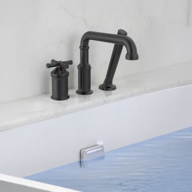 Click here to see Delta T3784-BLLHP Delta Broderick Three Hole Roman Tub Trim with Hand Shower, ADA, 1.75 GPM, Matte Black (Less Handles) - T3784-BLLHP