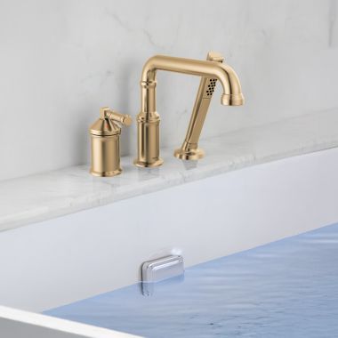 Click here to see Delta T3784-CZ-PR-LHP Delta Broderick Three Hole Roman Tub Trim with Hand Shower, ADA, 1.75 GPM, Lumicoat Champagne Bronze (Less Handles) - T3784-CZ-PR-LHP