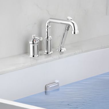 Click here to see Delta T3784-PR-LHP Delta Broderick Three Hole Roman Tub Trim with Hand Shower, ADA, 1.75 GPM, Lumicoat Chrome (Less Handles) - T3784-PR-LHP