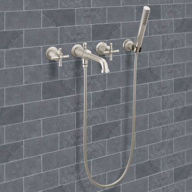 Click here to see Delta T5784-SS-PR-LHP-WL Delta Broderick Wall Mount Tub Filler Trim with Hand Shower, Less Handles, 1.75 GPM, Lumicoat Stainless - T5784-SS-PR-LHP-WL