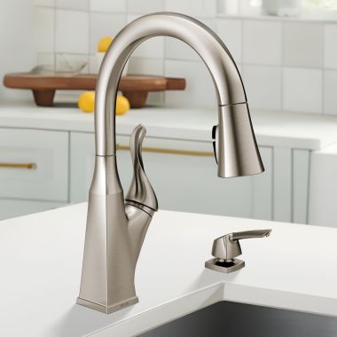 Click here to see Delta 19806Z-SPSD-DST Delta Cantrall Pull-Down Kitchen Faucet with Soap Dispenser, DIAMOND Seal, ShieldSpray, MagnaTite, ADA,1.8 GPM, Spotshield Stainless - 19806Z-SPSD-DST