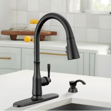 Click here to see Delta 19877Z-BLSD-DST Delta Capertee Single Handle Pull-Down Kitchen Faucet with Soap Dispenser, ShieldSpray, DIAMOND Seal, ADA, 1.8 GPM, Matte Black - 19877Z-BLSD-DST