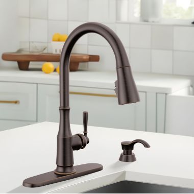 Click here to see Delta 19877Z-RBSD-DST Delta Capertee Single Handle Pull-Down Kitchen Faucet with Soap Dispenser, ShieldSpray, DIAMOND Seal, ADA, 1.8 GPM, Venetian Bronze - 19877Z-RBSD-DST