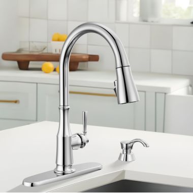 Click here to see Delta 19877Z-SD-DST Delta Capertee Single Handle Pull-Down Kitchen Faucet with Soap Dispenser, ShieldSpray, DIAMOND Seal, ADA, 1.8 GPM, Chrome - 19877Z-SD-DST