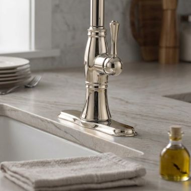 Click here to see  RP71545PNPR Delta Cassidy Escutcheon for 4197 Single Handle Pull-Out Kitchen Faucet, Lumicoat Polished Nickel - RP71545PNPR
