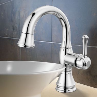 Click here to see Delta 597-PD-DST Delta Cassidy Single Handle Pull Down Bathroom Faucet, DIAMOND Seal, ADA, 1.2 GPM, Chrome - 597-PD-DST
