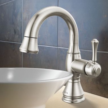 Click here to see Delta 597-SSPD-DST Delta Cassidy Single Handle Pull Down Bathroom Faucet, DIAMOND Seal, ADA, 1.2 GPM, Stainless - 597-SSPD-DST