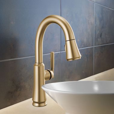 Click here to see Delta 9979-CZ-DST Delta Coranto Single Handle Pull-Down Bar/Prep Faucet, DIAMOND Seal, MagnaTite, ADA, 1.8 GPM, Champagne Bronze - 9979-CZ-DST