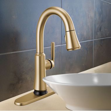 Click here to see Delta 9979T-CZ-DST Delta Coranto Single Handle Pull-Down Bar/Prep Faucet, Touch2O, DIAMOND Seal, MagnaTite, ADA, 1.8 GPM, Champagne Bronze - 9979T-CZ-DST