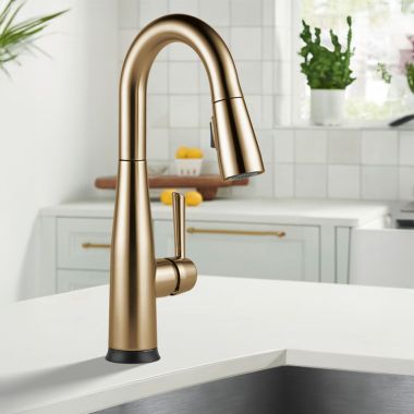 Click here to see Delta 9913T-CZ-DST Delta Essa Single Handle Pull-Down Bar/Prep Faucet, Touch2O, DIAMOND Seal, MagnaTite, ADA, 1.8 GPM, Champagne Bronze - 9913T-CZ-DST