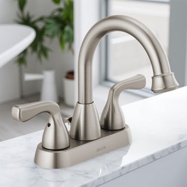 Click here to see Delta 25911LF-SS Delta Foundations Two Handle Centerset Bathroom Faucet, Deck Mount, ADA, 1.2 GPM, Stainless - 25911LF-SS