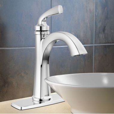 Click here to see Delta 15864LF Delta Geist Single Handle Bathroom Faucet, Pop-Up with Overflow, Deck Mount, ADA, 1.2 GPM, Chrome - 15864LF