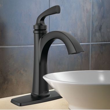 Click here to see Delta 15864LF-BL Delta Geist Single Handle Bathroom Faucet, Pop-Up with Overflow, Deck Mount, ADA, 1.2 GPM, Matte Black - 15864LF-BL