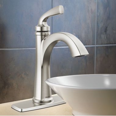 Click here to see Delta 15864LF-SP Delta Geist Single Handle Bathroom Faucet, Pop-Up with Overflow, Deck Mount, ADA, 1.2 GPM, Spotshield Brushed Nickel - 15864LF-SP