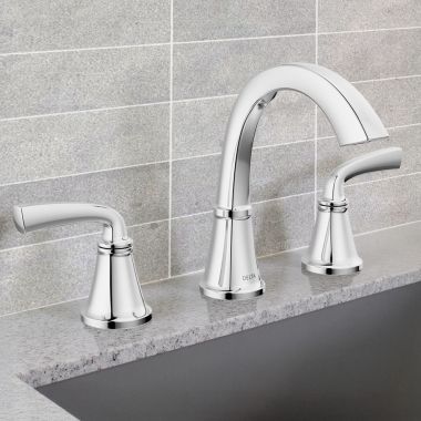 Click here to see Delta 35864LF Delta Geist Two Handle Widespread Bathroom Faucet, Pop-Up with Overflow, Deck Mount, ADA, 1.2 GPM, Polished Chrome - 35864LF