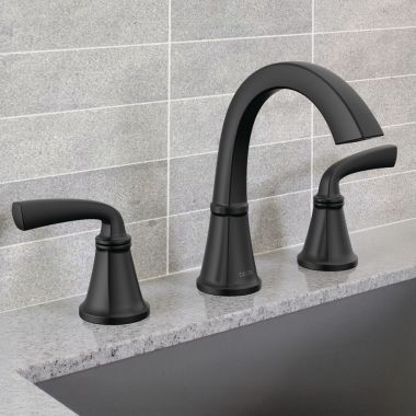 Click here to see Delta 35864LF-BL Delta Geist Two Handle Widespread Bathroom Faucet, Pop-Up with Overflow, Deck Mount, ADA, 1.2 GPM, Matte Black - 35864LF-BL