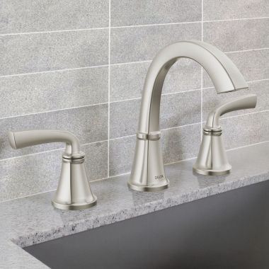Click here to see Delta 35864LF-SP Delta Geist Two Handle Widespread Bathroom Faucet, Pop-Up with Overflow, Deck Mount, ADA, 1.2 GPM, Spotshield Brushed Nickel - 35864LF-SP