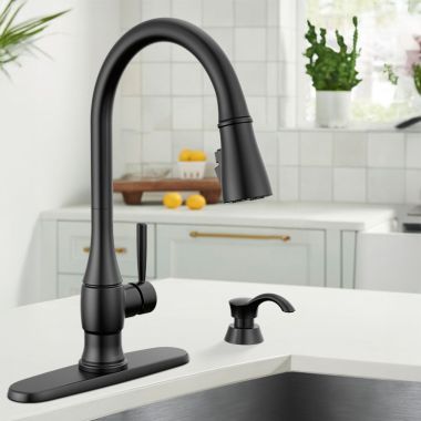 Click here to see Delta 19831Z-BLSD-DST Delta Hazelwood Pull-Down Kitchen Faucet with Soap Dispenser, ShieldSpray, DIAMOND Seal, MagnaTite, ADA, Matte Black - 19831Z-BLSD-DST