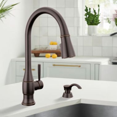 Click here to see Delta 19831Z-RBSD-DST Delta Hazelwood Pull-Down Kitchen Faucet with Soap Dispenser, ShieldSpray, DIAMOND Seal, MagnaTite, ADA, Venetian Bronze - 19831Z-RBSD-DST