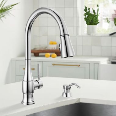 Click here to see Delta 19831Z-SD-DST Delta Hazelwood Pull-Down Kitchen Faucet with Soap Dispenser, ShieldSpray, DIAMOND Seal, MagnaTite, ADA, Chrome - 19831Z-SD-DST