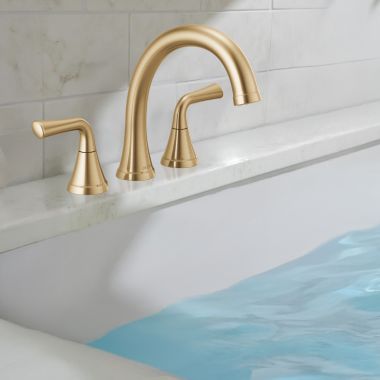 Click here to see Delta T2733-CZ Delta Kayra Roman Tub Trim With Temperature And Volume Handles, ADA Compliant, Champagne Bronze - T2733-CZ