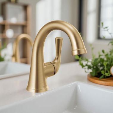 Click here to see Delta 533LF-CZMPU Delta Kayra Single-Handle Bathroom Faucet, Deck Mount, 1.2 GPM, Champagne Bronze - 533LF-CZMPU