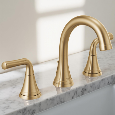 Click here to see Delta 3533LF-CZMPU Delta Kayra Widespread Bathroom Faucet With  Metal Pop-Up, Deck Mount, Two Lever Handles, ADA, 1.2 GPM, Champagne Bronze - 3533LF-CZMPU