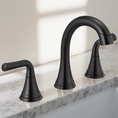 Click here to see Delta 3533LF-BLPDMPU Delta Kayra Two-Handle Widespread Bathroom Faucet With Metal Pop-Up, Deck Mount, Pull Down, 1.2 GPM, Matte Black - 3533LF-BLPDMPU