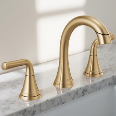 Click here to see Delta 3533LF-CZPDMPU Delta Kayra Two-Handle Widespread Bathroom Faucet With Metal Pop-Up, Deck Mount, Pull Down, 1.2 GPM, Champagne Bronze - 3533LF-CZPDMPU
