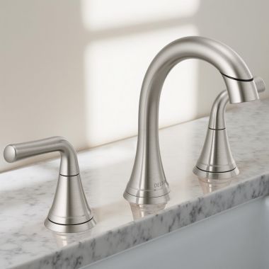 Click here to see Delta 3533LF-SSPDMPU Delta Kayra Two-Handle Widespread Bathroom Faucet With Metal Pop-Up, Deck Mount, Pull Down, 1.2 GPM, Stainless - 3533LF-SSPDMPU