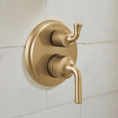 Click here to see Delta T24833-CZ Delta Kayra Monitor 14 Series Valve Trim w/ 3-Function Diverter, Lever Handles, Champagne Bronze - T24833-CZ