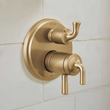 Click here to see Delta T27833-CZ Delta Kayra Monitor 17 Series Valve Trim With Diverter, 3 or 6-Setting, Two-Handle, Lever Handles, Champagne Bronze - T27833-CZ