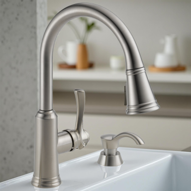 Click here to see Delta 19963Z-SSSD-DST Delta Lakeview Pull Down Kitchen Faucet With Soap Dispenser, Single Handle, ShieldSpray, 1.8 GPM, Stainless - 19963Z-SSSD-DST 