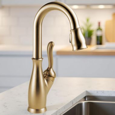 Click here to see Delta 9678-CZ-DST Delta Leland Pull-Down Bar/Prep Faucet, Single Handle, DIAMOND Seal, MagnaTite, ADA, 1.8 GPM, Champagne Bronze - 9678-CZ-DST