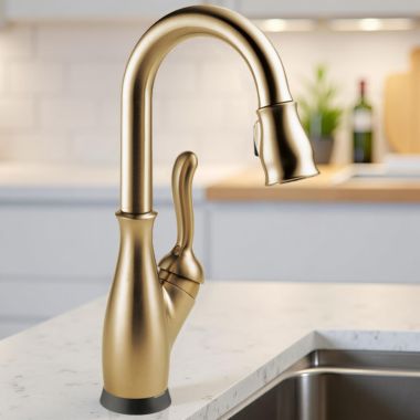 Click here to see Delta 9678T-CZ-DST Delta Leland Pull-Down Bar/Prep Faucet, Single Handle, Touch2O, TouchClean, DIAMOND Seal, 1.8 GPM, Champagne Bronze - 9678T-CZ-DST
