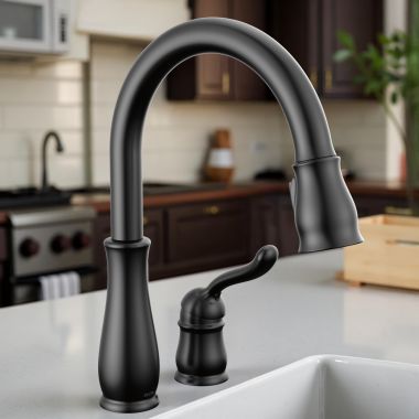 Click here to see Delta 978-BLWE-DST Delta Leland Single-Handle Kitchen Pull-Down Faucet, 2 Hole, MagnaTite, DIAMOND Seal. ADA, 1.5 GPM, Matte Black - 978-BLWE-DST