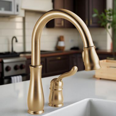 Click here to see Delta 978-CZ-DST Delta Leland Pull-Down Kitchen Faucet, Single-Handle, 2 Hole, Touch-Clean, DIAMOND Seal, 1.8 GPM, Champagne Bronze - 978-CZ-DST