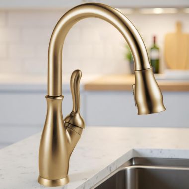 Click here to see Delta 9178-CZ-DST Delta Leland Pull-Down Kitchen Faucet, Single Handle, Shieldspray, MagnaTite, Touch-Clean, 1.8 GPM, Champagne Bronze - 9178-CZ-DST