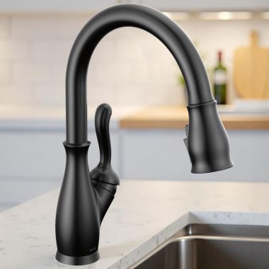Click here to see Delta 9178-BL-DST Delta Leland Pull-Down Kitchen Faucet, Single Handle, Shieldspray, MagnaTite, Touch-Clean, 1.8 GPM, Matte Black - 9178-BL-DST