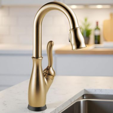 Click here to see Delta 9678TL-CZ-DST Delta Leland Touch2O Bar/Prep Faucet With Touchless Technology, DIAMOND Seal, MagnaTite, ADA, 1.8 GPM, Champagne Bronze - 9678TL-CZ-DST
