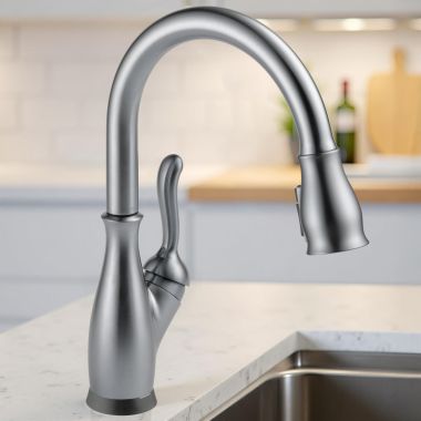 Click here to see Delta 9178TL-AR-DST Delta Leland Touch2O Kitchen Faucet With Touchless Technology, ShieldSpray, DIAMOND Seal, ADA, 1.8 GPM, Arctic Stainless - 9178TL-AR-DST
