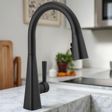 Click here to see Delta 19802Z-BL-DST Delta Lenta Pull Down Kitchen Faucet, Single Handle, ShieldSpray, DIAMOND Seal, MagnaTite, ADA, 1.8 GPM, Matte Black - 19802Z-BL-DST