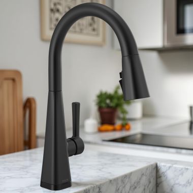 Click here to see Delta 19802TZ-BL-DST Delta Lenta Pull Down Kitchen Faucet With Touch2O, Single Handle,DIAMOND Seal, MagnaTite, ADA, 1.8 GPM, Matte Black - 19802TZ-BL-DST