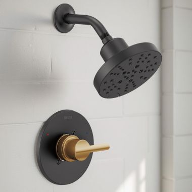 Click here to see Delta 142749-GZ Delta Nicoli Monitor 14 Series Shower Faucet with 5-Setting Rain Showerhead, H2Okinetic, ADA, 1.75 GPM, Matte Black/Champagne Bronze - 142749-GZ